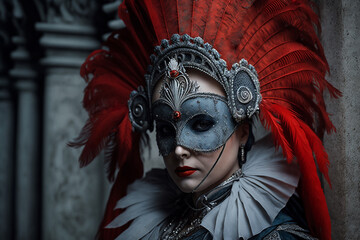  Venetian carnival costume. Venetian carnival mask. Venice, Italy. portrait of a gold and red mask in Piazza San Marco,  Created using generative AI tools.