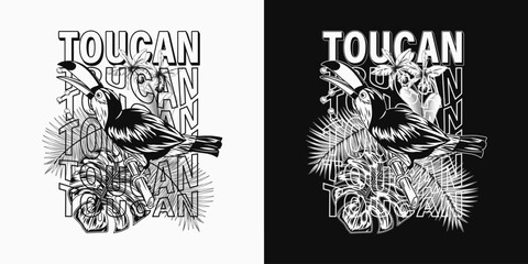 Label with toucan bird, tropical foliage, distorted typography with word Toucan. Bird sitting on tree branch and eating seeds. Detailed illustration for prints, clothing, t shirt design © OA_Creation