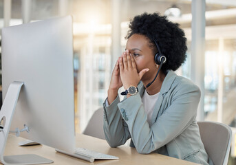 Headache, tired and call center woman with stress, fatigue or anxiety for telemarketing fail,...