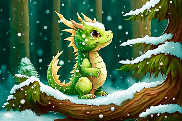 A cute green dragon cub is standing in a winter forest. Snowing. Illustration. cartoon style. Generative AI.