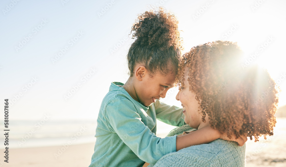 Canvas Prints Family, mother and kid hug at beach, travel and summer with sunshine lens flare and together outdoor. Trust, support with woman and girl smile on vacation, love and care in nature with happiness