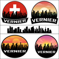 Vernier Skyline Silhouette Switzerland Flag Travel Souvenir Sticker Sunset Background Vector Illustration SVG EPS AI