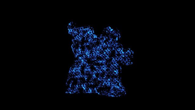 A map of a Angola country consisting of glowing particles on a black background.