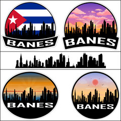 Banes Skyline Silhouette Cuba Flag Travel Souvenir Sticker Sunset Background Vector Illustration SVG EPS AI