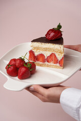 Strawberry cheesecake dessert on white background