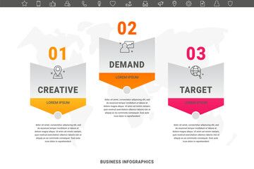 Vector infographics with three arrows. Business concept graphic process template with 3 steps. Graphic timeline for app, website, interface, chart, levels, web, diagram, banner, presentations