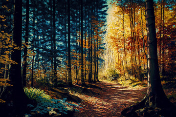 Painting of beautiful autumn in the forest