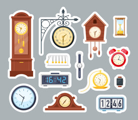 Clock and hand watches sticker. Vector icon set of mechanical and electronic clocks, antique pendulum watch, hourglass, alarm, kitchen timer, wrist digital smart clock. Devices to indicate time