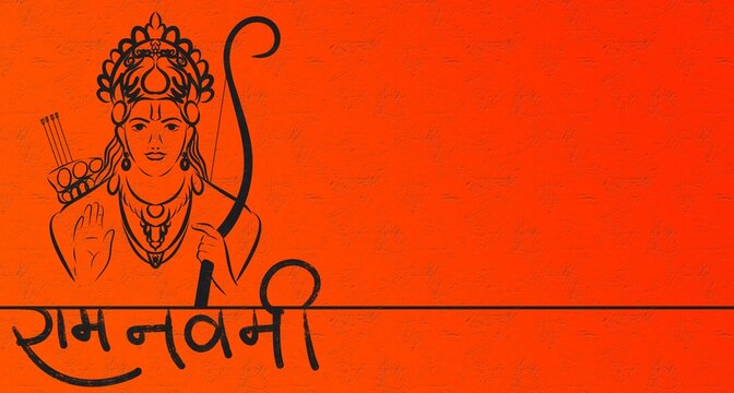Lord Rama line art over orange background with hindi text ramnavami for Hindu festival banner