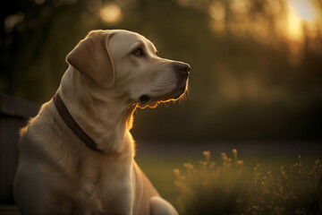 Purebred labrador retriever dog outdoors in a garden on a sunny day.