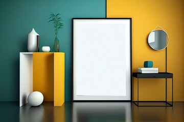 Colorful vintage Living Room Interior. Wall with Empty Frame Mockup as Perfect Background for your picture