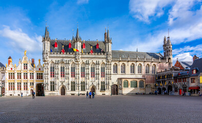 Brugge Town Hall and Basilica of Holy Blood on Burg square, Belgium - obrazy, fototapety, plakaty