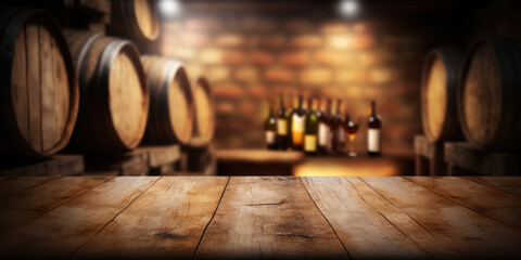 Plateau de table en bois ancien avec fond flou de cave à vin. Table pour présentation de produits vinicoles. Bannière de présentation d'un établissement viticole.