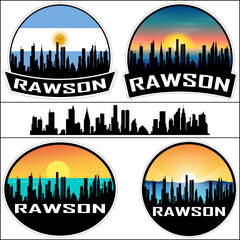 Rawson Skyline Silhouette Argentina Flag Travel Souvenir Sticker Sunset Background Vector Illustration SVG EPS AI