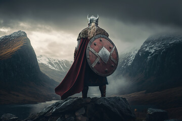 A Scandinavian Viking in chain mail and a helmet stands on a cliff peering into the distance. Generative AI.