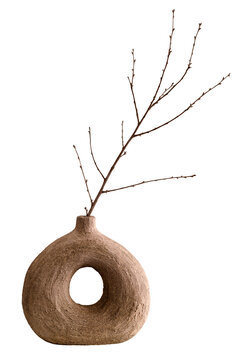 Clay pot with branch isolated on transparent background. A piece of furniture like a torus in a rustic style. Still life with vase for interior design decoration. Donut-shaped Jug
