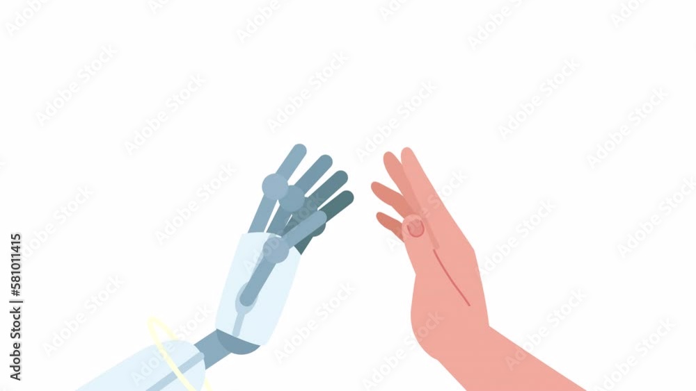 Poster animated human computer interaction. ai robot and human hands. communication. 2d cartoon flat charac
