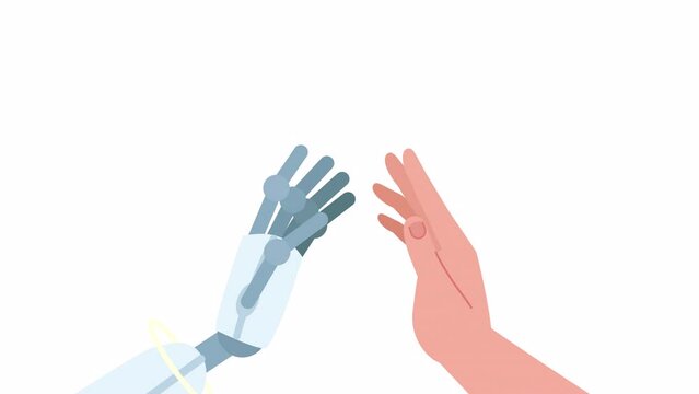 Animated human computer interaction. AI robot and human hands. Communication. 2D cartoon flat characters 4K video footage on white with alpha channel transparency. Concept animation for web design