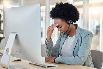 Call center, telemarketing and black woman with headache, stress and burnout in workplace. Female...