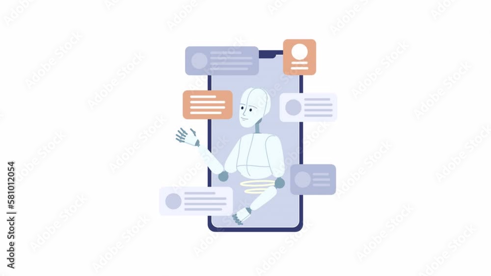 Poster animated digital assistant software. mobile phone application with ai service. 2d cartoon flat devic