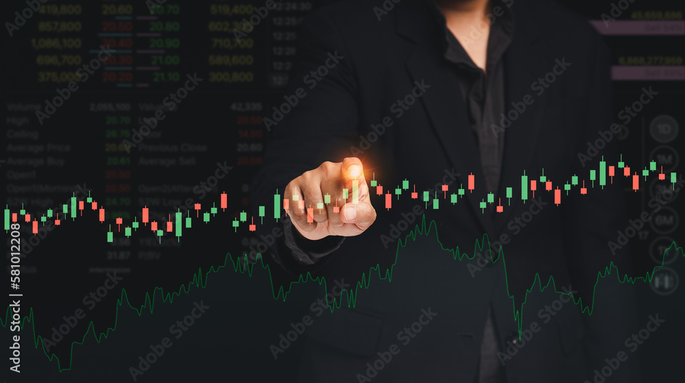 Poster stock exchange market analysis. a businessman or trader pointing to a graph stock on a virtual scree