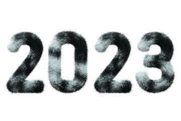 black and white cow style  2023 Number Fur 3D element render, Typography fluffy style