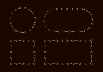 Mystic celestial golden frame set with sun, stars, moon phases, crescents and copy space. Ornate magical background.