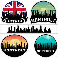 Northolt Skyline Silhouette Uk Flag Travel Souvenir Sticker Sunset Background Vector Illustration SVG EPS AI