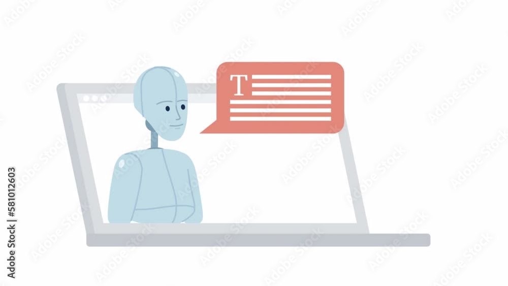 Poster animated ai copywriting assistant. writing software with artificial intelligence. 2d cartoon flat ch