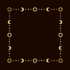 Mystic celestial square golden frame with sun, stars, moon phases, crescents and copy space. Ornate magical background.