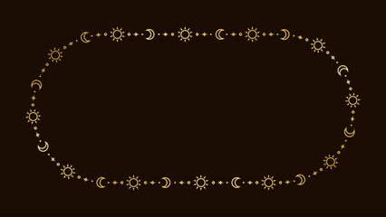 Mystic celestial golden frame with sun, stars, moon phases, crescents and copy space. Ornate magical background.