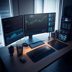 Naklejka premium Image for company product that sell Forex Trading Signals, charts, currency, computer screens, workstation, money, financial markets