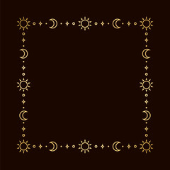 Mystic celestial square golden frame with sun, stars, moon phases, crescents and copy space. Ornate magical background.