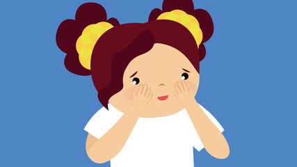 Little girl crying on blue background. Vector illustration in cartoon style.