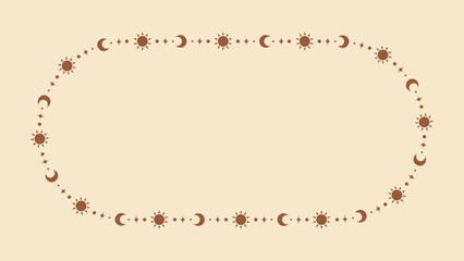 Mystic celestial frame with sun, stars, moon phases, crescents and copy space. Ornate bohemian magical background.