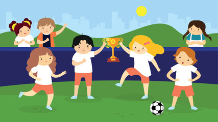 Children holding a football cup. Vector illustration of a group of children playing soccer.