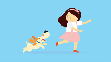 Girl running with dog. Vector illustration in flat cartoon style on blue background.