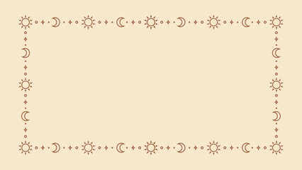 Mystic celestial frame with sun, stars, moon phases, crescents and copy space. Ornate bohemian magical background.
