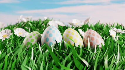 Easter landscape with colorful eggs and daisy flower on field. 3d render