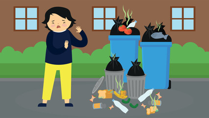 A vector illustration of a boy throwing garbage in a trash can.