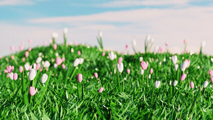 Easter landscape with tulip flowers on field. 3d render