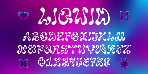 Retro futuristic Y2K liquid font, perfect for designs with a vintage or futuristic theme. Vector psychedelic alphabet letters and numbers
