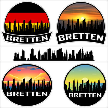 Bretten Skyline Silhouette Germany Flag Travel Souvenir Sticker Sunset Background Vector Illustration SVG EPS AI