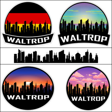Waltrop Skyline Silhouette Germany Flag Travel Souvenir Sticker Sunset Background Vector Illustration SVG EPS AI