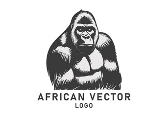 Vector monochrome portrait of a serious powerful big gorilla. Stencil, sticker or logo. Wild African animal. White isolated background.