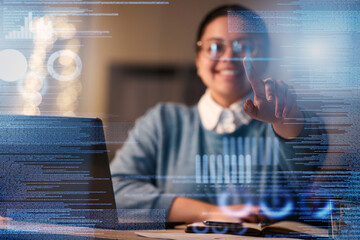 Business worker, hands or hologram screen in night office on financial software, stock market...