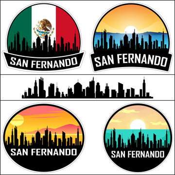 San Fernando Skyline Silhouette Mexico Flag Travel Souvenir Sticker Sunset Background Vector Illustration SVG EPS AI