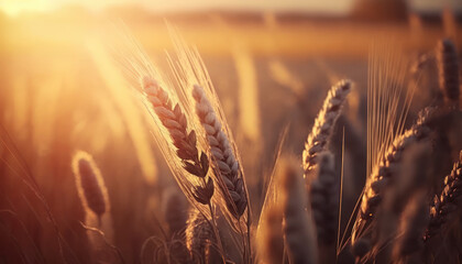 épis de blé dans un champs au soleil couchant, heure dorée, prise de vue macro