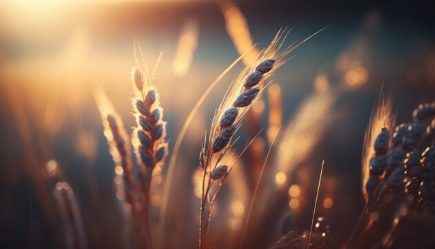 épis de blé dans un champs au soleil couchant, heure dorée, prise de vue macro