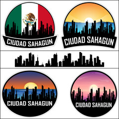 Ciudad Sahagun Skyline Silhouette Mexico Flag Travel Souvenir Sticker Sunset Background Vector Illustration SVG EPS AI